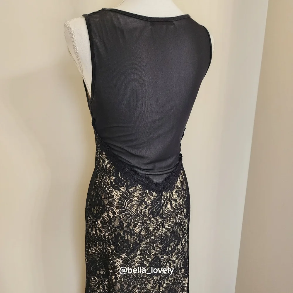 Formal Elegant Black Cream Lace Backless Sheer Back Dress - Picture 9 of 12